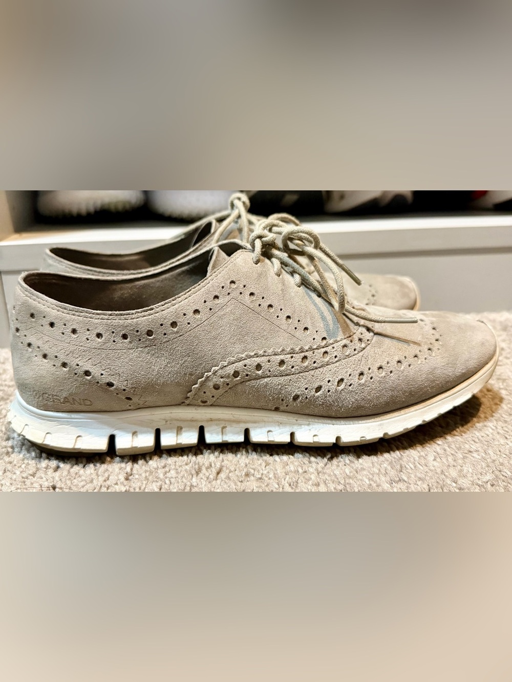 Cole Haan Zero Grand Suede Wingtip Oxford Lace-Up - Taupe, 7.5